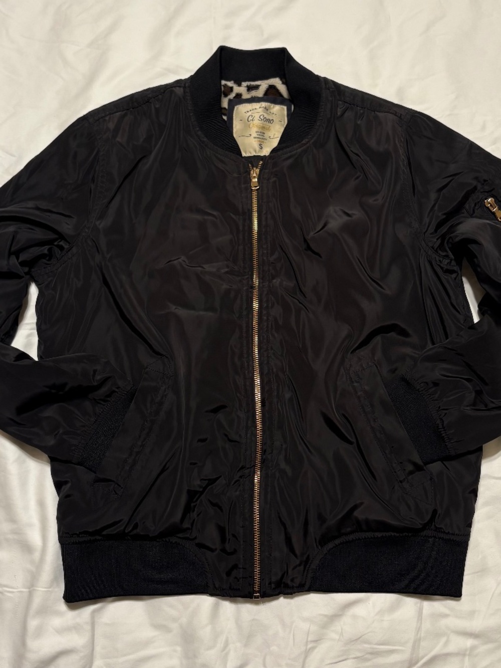 Vintage 1999 Ci Sono Black Leopard Fleece Lined Bomber Jacket S Gold Zip